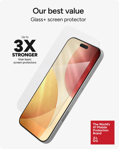 ZAGG Glass+ Screen Protector for iPhone 16e/ 14/13/ 13 Pro - 3X Shatter Protection, High Scratch Resistance, Oil-Resistant, Reinforced Edges, InvisibleShield, Easy Install