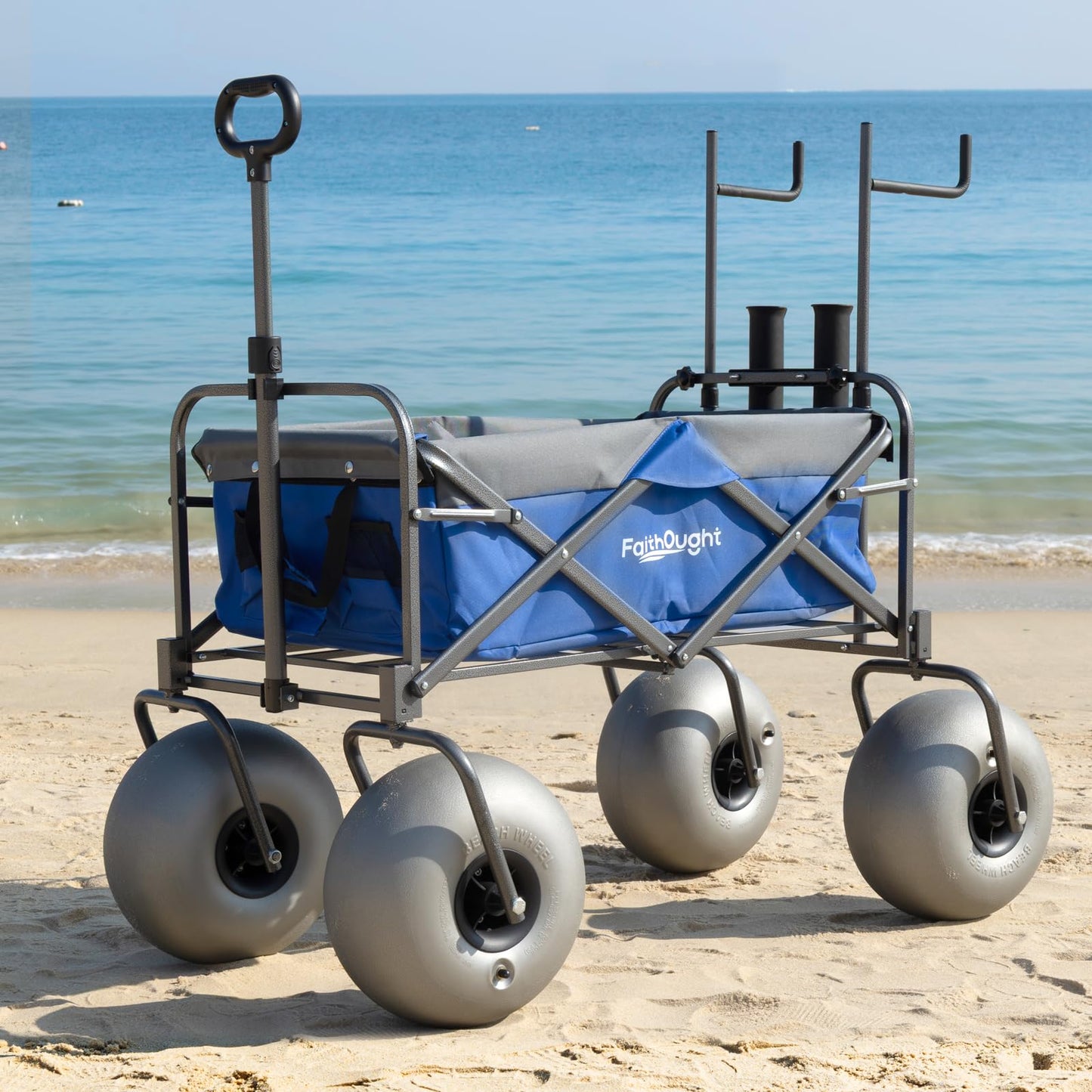 13" Balloon Bubble Wheel Beach Cart Collapsible Wagon with Big Fat All Terrain Inflatable Air Tire, Large Outdoor Wagon & Fishing Cart with Balloon Tire, Dolly with Big Wheels for Sand Camping (Blue)