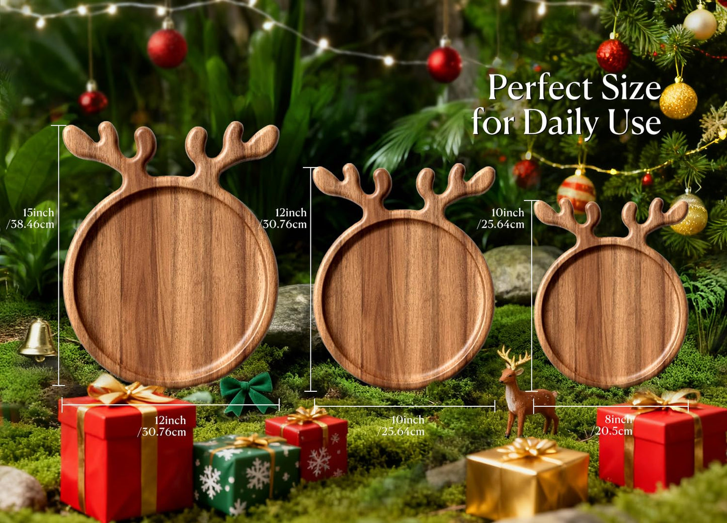 Dofira Acacia Antler Christmas Serving Platter, 12" x 15" Round Wooden Food Dish, Serving Dishes Charcuterie Board Tray for Cheese Fruit Bread, Christmas Platter for Housewarming, Mother’s Day