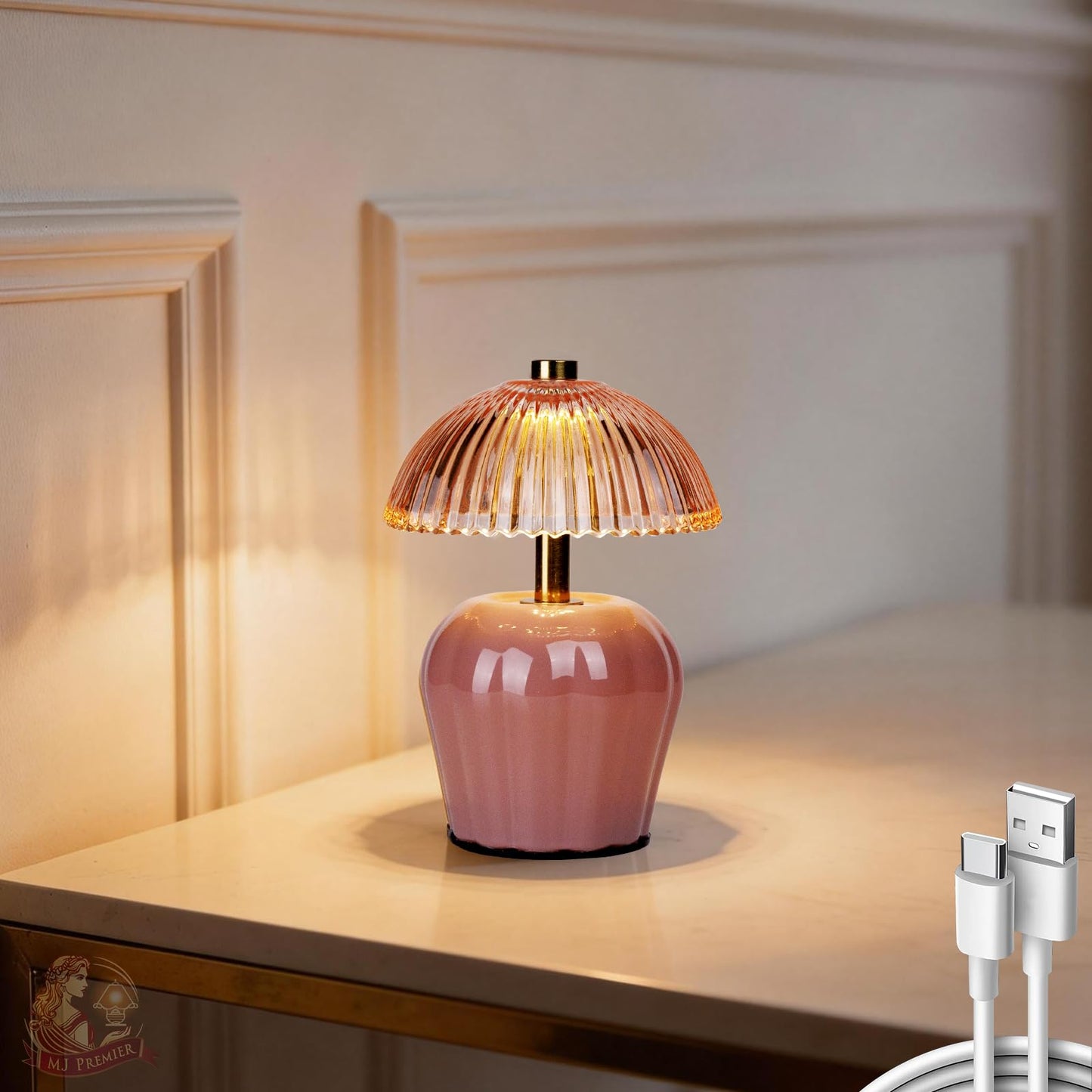 MJ PREMIER Rechargeable Table Lamp, Cordless Lamp with Timer, Mini Glass Mushroom Lampshade, Small Table Lamps, Decorative Led Light for Bedroom Living Room Shelf (Pink)