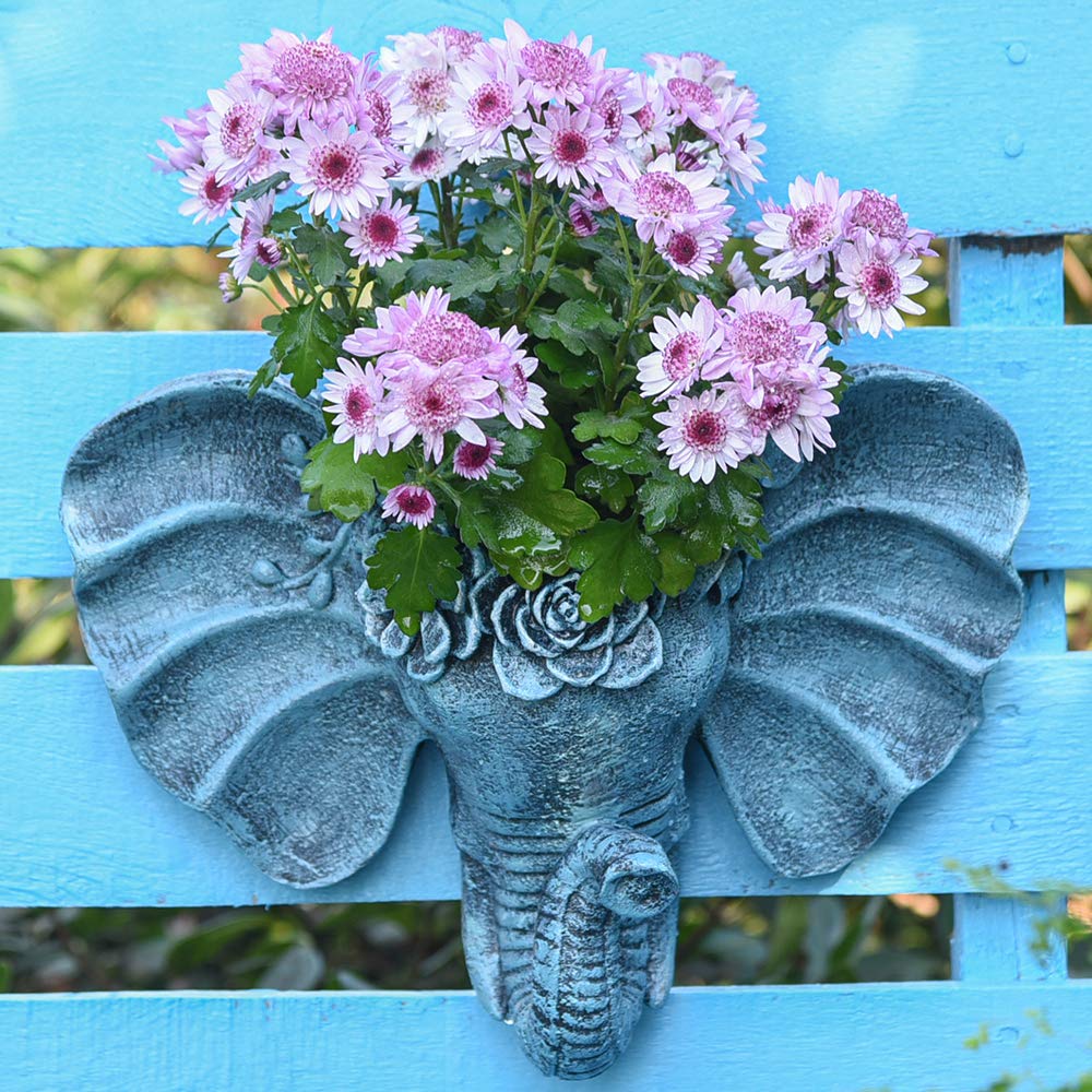 Sungmor Resin Elephant Head Wall Pot, Unique Bohemian Style Animal Face Planter, Vertical Hanging Plant Pot, Pretty Decorative Flower Pot for Indoor Outdoor Plants, for Gardening Lovers