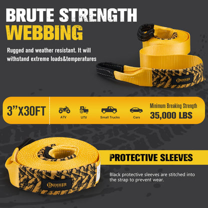 BUNKER INDUST Traction Boards with Jack Base (Blue) + 3" x 30ft Recovery Straps + Pair 3/4 D Ring Shackles + Bag 35,000 lbs Tree Saver Winch Strap