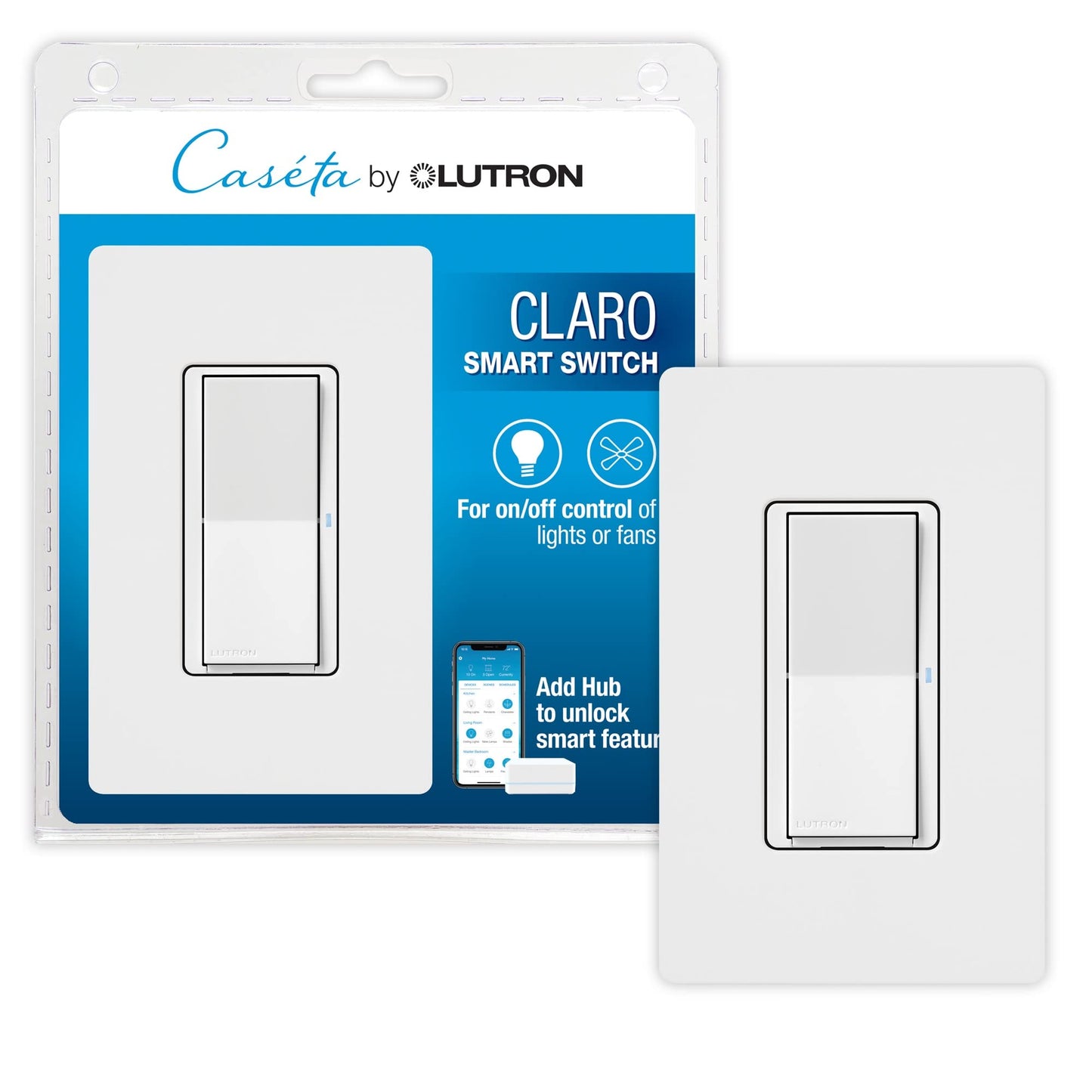 Lutron Claro Smart Light Switch for Caseta Lighting, for LED Lights, Fans, 5 Amp, Single-Pole/3-Way, Neutral Required, DVRF-5NSS-WH-2, White, 2 Pack