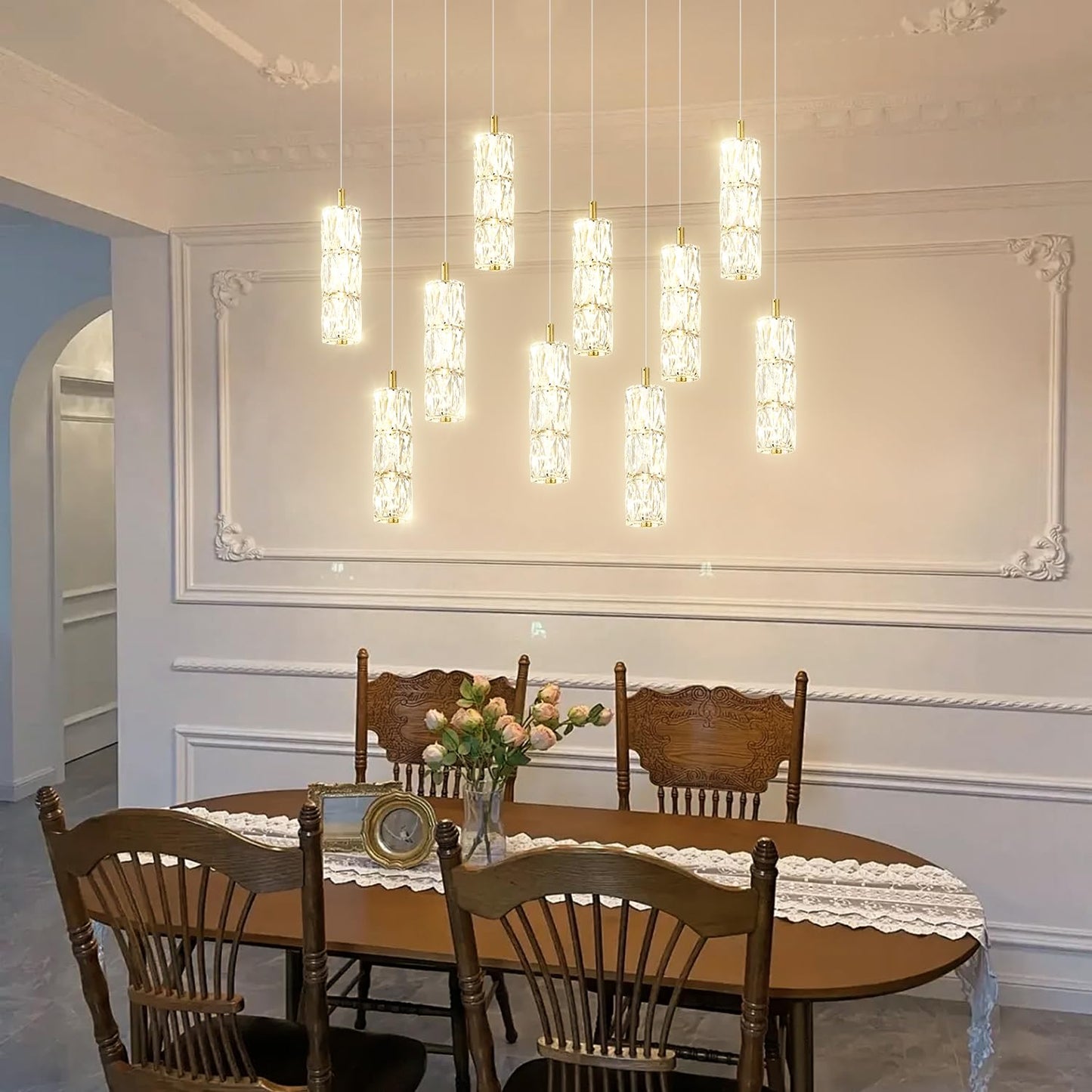 ykolupty Modern Crystal Chandelier 10-Lights Rectangle Pendant Light LED Dimmable Gold Linear Chandelier Flush Mount Crystal Pendant Light for Living Room Dining Room Foyer