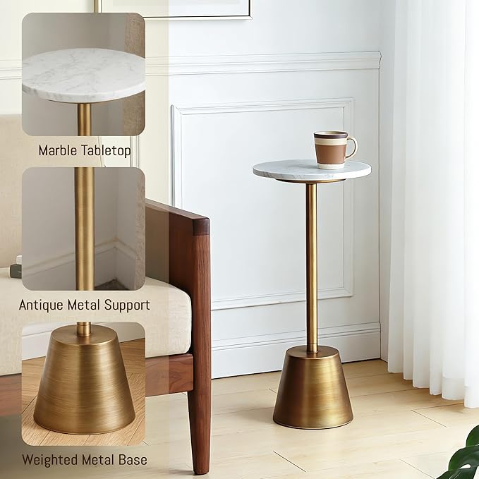 White Marble Pedestal Side Table, Round Accent End Table