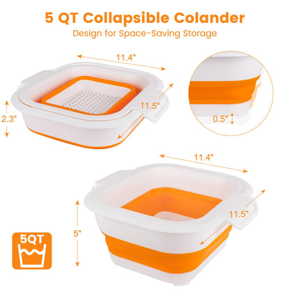ROTTOGOON Collapsible Colander Set with Strainer Bowl, 2 in 1 Fruit Washing Basket with Strainer, 5 + 3 QT Plastic Colanders for Kitchen, Foldable Double Layered Colanders Bowl for Vegetable, Grey
