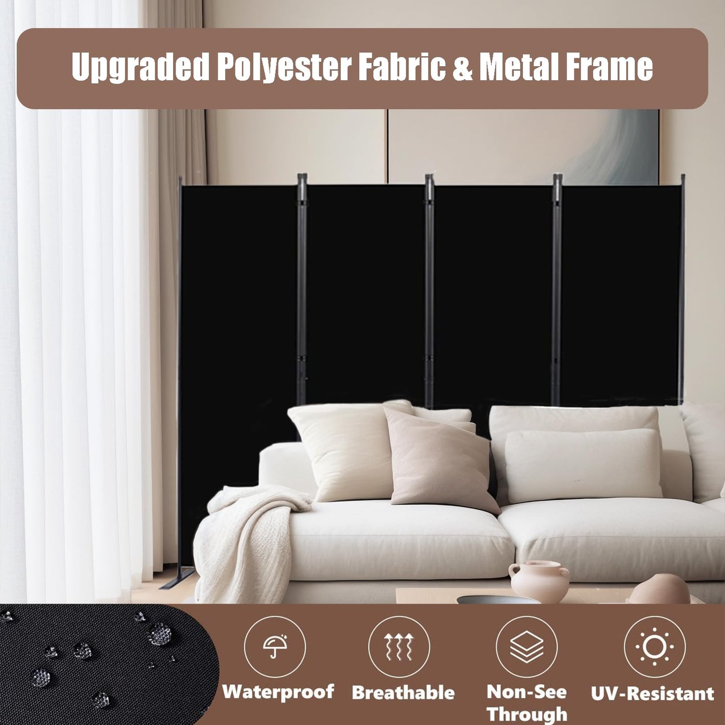 Room Dividers Folding Privacy Screens 4 Panel Partition Screen Steel Frame& Frabic Office Partition for Home Office Dorm Decor Black