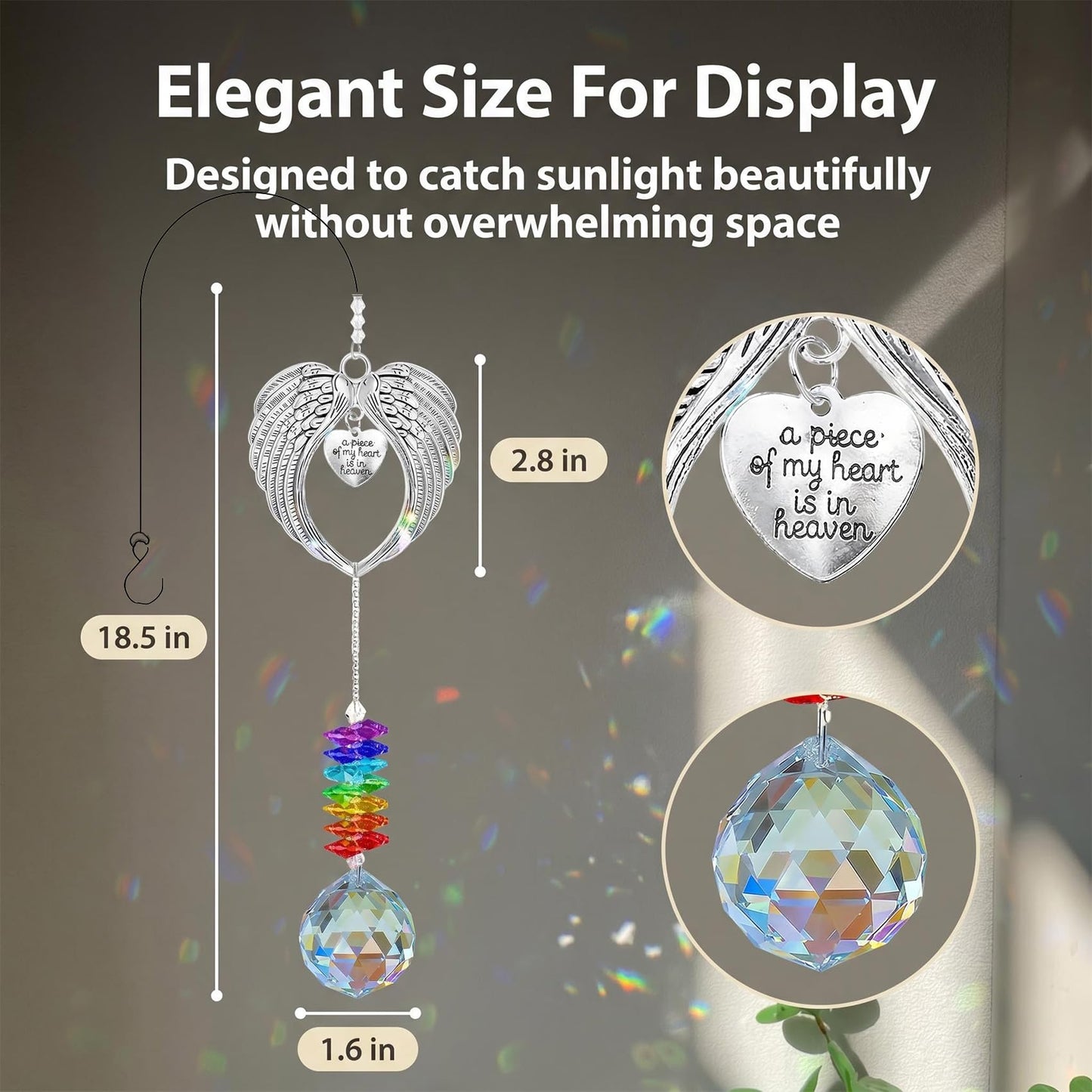 Memorial Suncatcher Angel Wings with Crystal Ball, “A Piece of My Heart is in Heaven” Sympathy Gift for Loss of Loved One or Pet, Bereavement Remembrance Hanging Decor for Window 18.5 Inch
