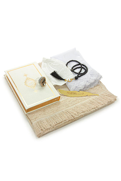 ihvan online Muslim Prayer Rug Set, Islamic Dowry Gift Box for Men & Women, Shawl, Kufi Hat, Digital Beads Counter, Quran Gift, Elegant Islamic Gifts Set for Ramadan & Eid & Wedding, White