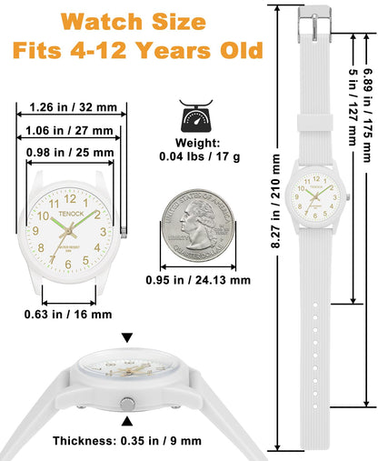TENOCK Kids Analog Watches for Girls Boys Kids Watches with Soft Band Learning Time 50M Waterproof Children Watch Easy to Read for Ages 3-10 Children Great Birthday Gifts (White)