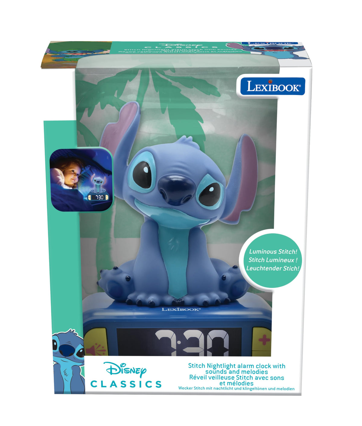 LEXiBOOK, Disney Stitch, Stitch Nightlight Alarm Clock, Sounds and Melodies, LCD Backlit Screen, Luminous, Snooze, Blue, RL800D