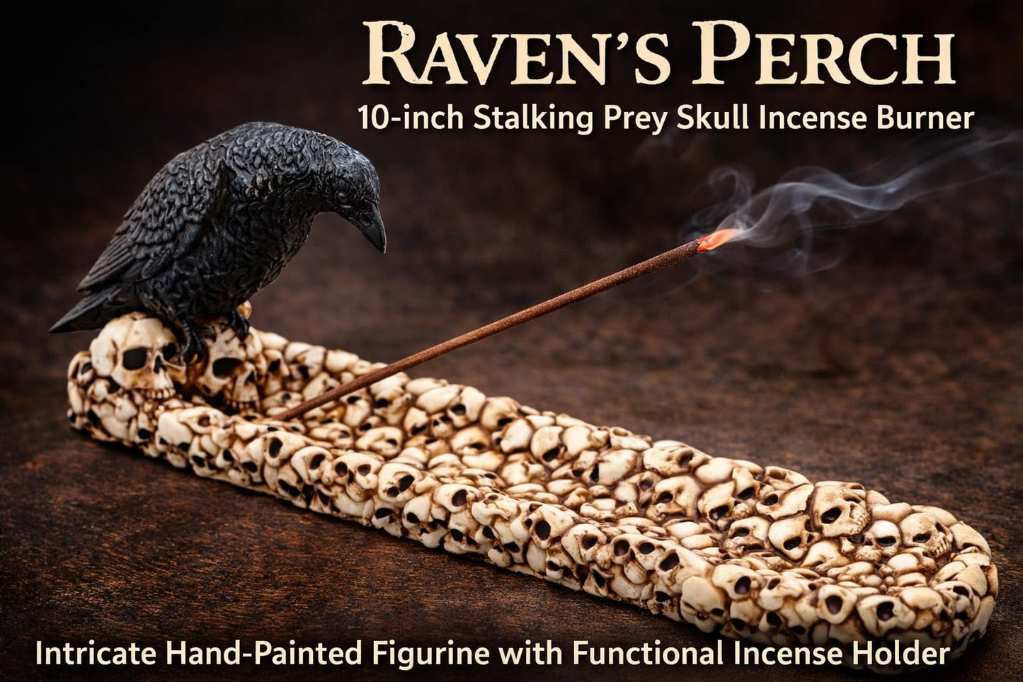 F.E.S.S. Raven Skull Incense Burner Statue – 10 Inch Gothic Resin Figurine with Raven Perched on Skull, Functional Incense Holder for Home, Office & Altar Decor
