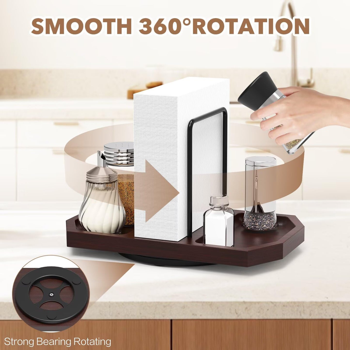 FODIENS Napkin Holder for Table, Rotating Napkin Dispenser with Salt and Pepper Shakers Storage, Standing Paper Napkin Organizer for Kitchen Dining Table Decor (1, Brown)