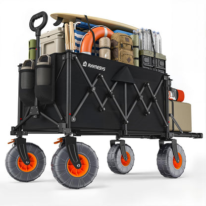 Beach Wagon with Big Wheels for Sand, 440lbs Wagons Carts Foldable with 9x4 All-Terrain Wheels, Rear Tailgate, 200L Capacity, Heavy Duty Collapsible Beach Cart for Garden Sports Camping Outdoor