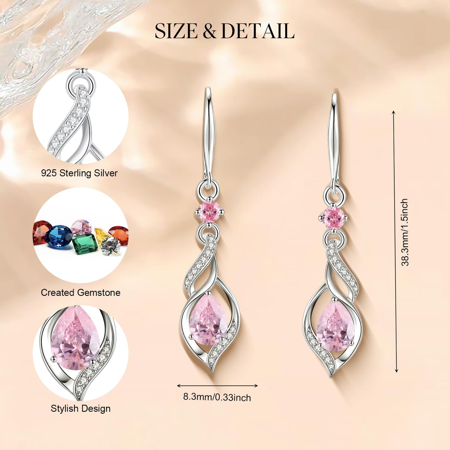 FANCIME Gift for Women October Birthstone Dangle Earrings for Her Teardrop Pink Tourmaline Dangle Earrings S925 Sterling Silver infinity Love Birthday Gifts for Mom Women