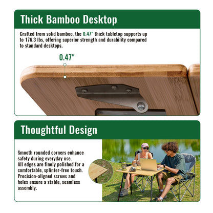 KingCamp Bamboo Folding Table, 4-Fold Camping Adjustable Height Portable Outdoor Lightweight & Compact Table with Aluminum Frame for RV Picnic BBQ Tailgating