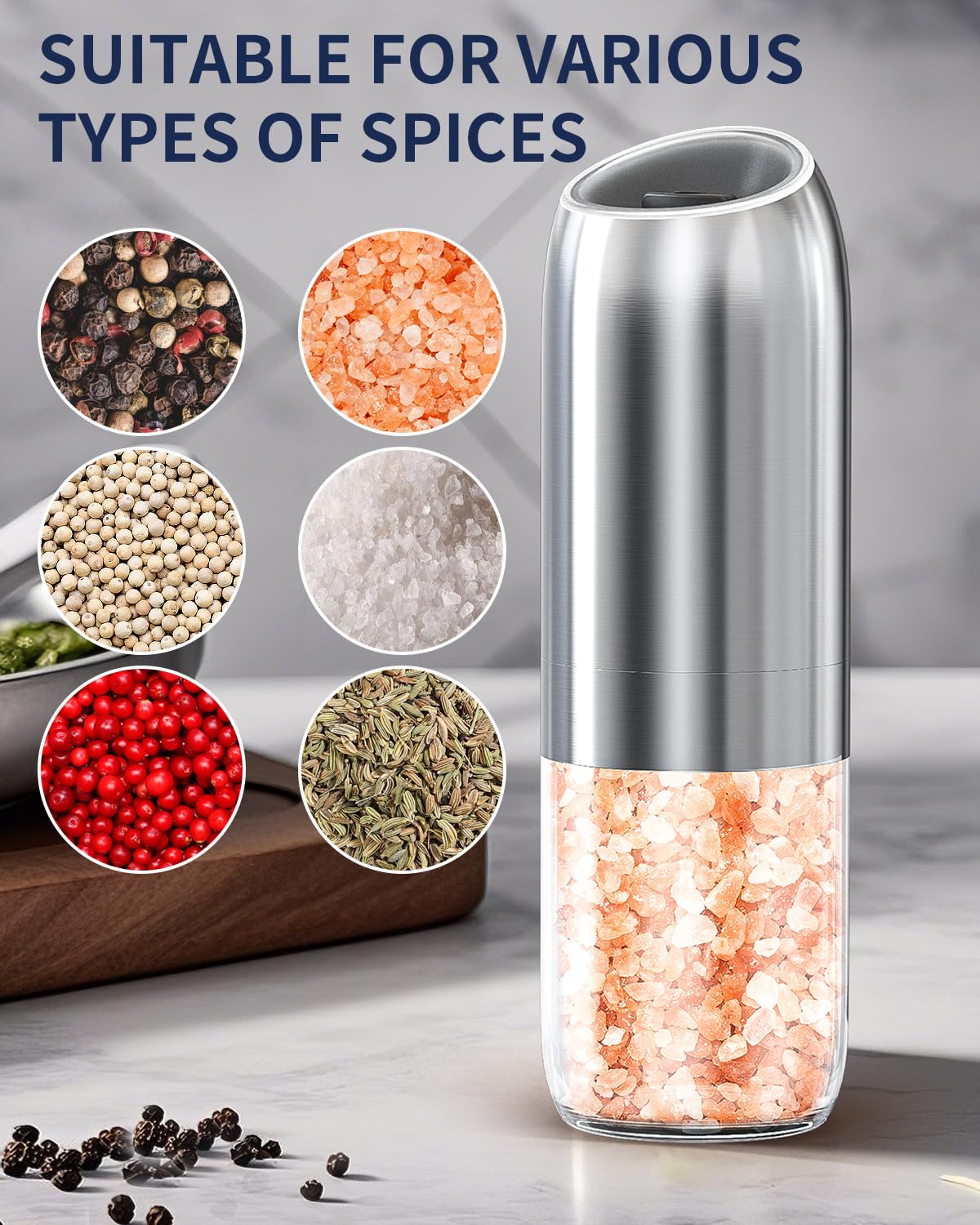 CIRCLE JOY Gravity Electric Salt and Pepper Grinder Set Battery Powered Stainless Steel Pepper Mill Grinder with 176ml Container, Adjustable Coarseness, Bright LED Light and One Hand Operation, Silver