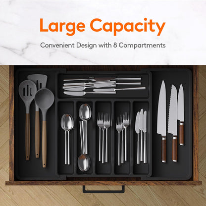 Lifewit Silverware Drawer Organizer, Expandable Utensil Tray for Kitchen, BPA Free Flatware and Cutlery Holder, Adjustable Plastic Storage for Spoons Forks Knives, 8.5"-14.1" x 12.1", Black