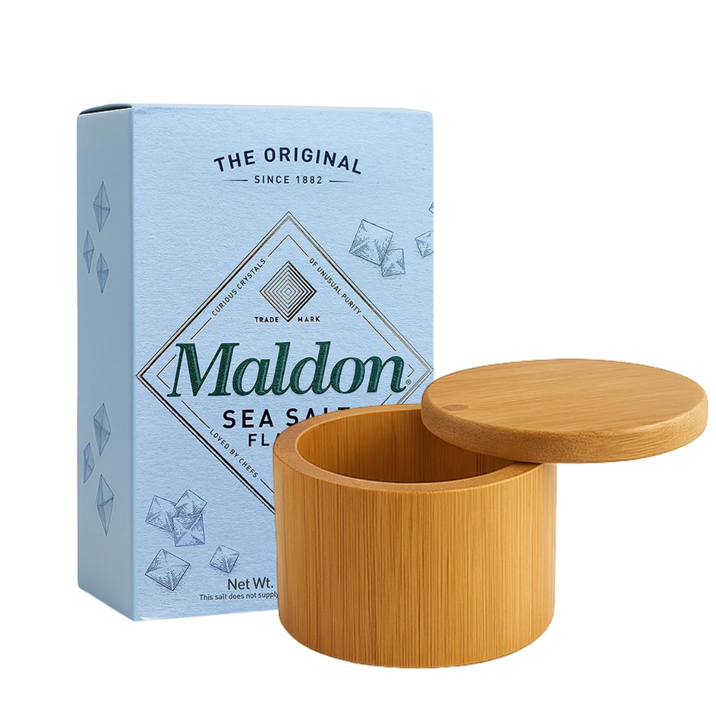 NORTHWARD SPIRIT Bamboo Salt Box Cellar Canister Gift Set With Maldon Sea Salt Flakes 8.5 Oz Box - Great For Salts, Spices, Seasonings In Your Gourmet Kitchen