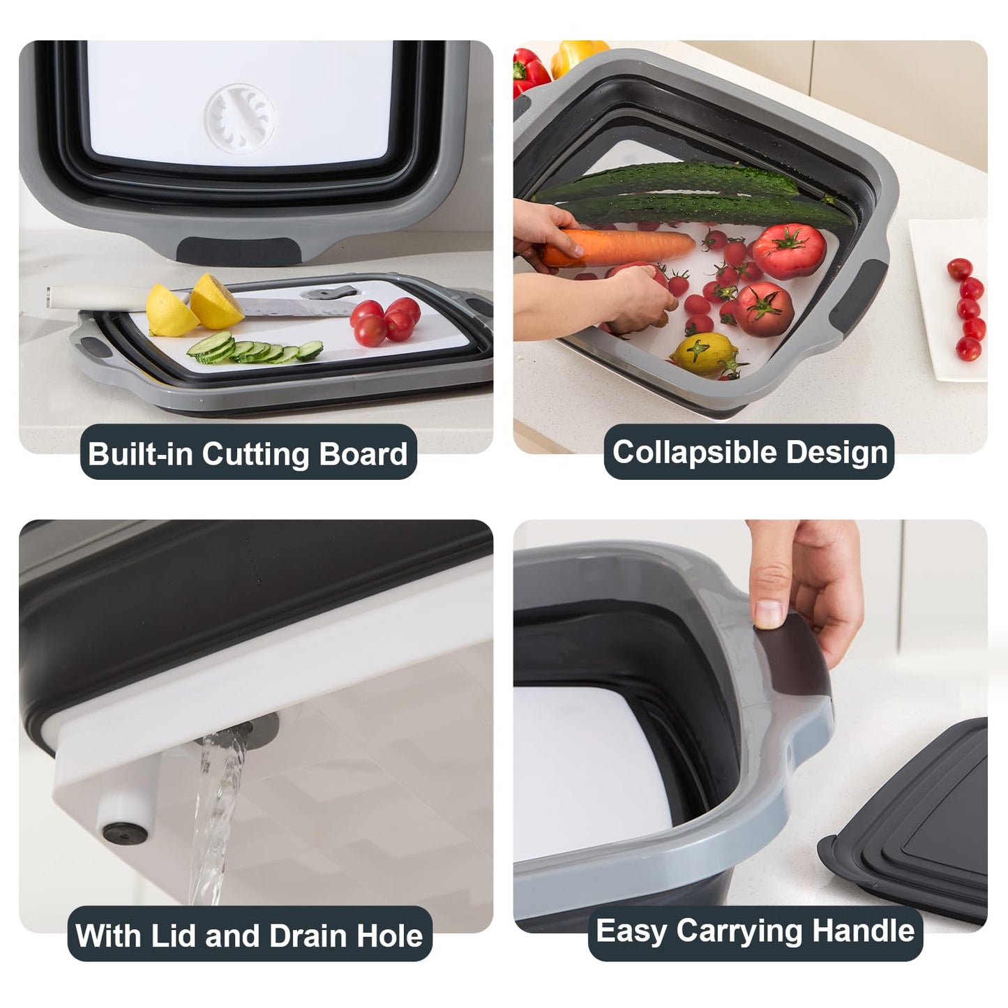 TANOSHII 3-Piece Collapsible BBQ Prep Tubs with Lids and Built-in Cutting Board – For Meal Prep Marinating Food Storage&Washing – Picnic Camping – Set of 3 – (1) Medium + (1) L + (1) XL – Black