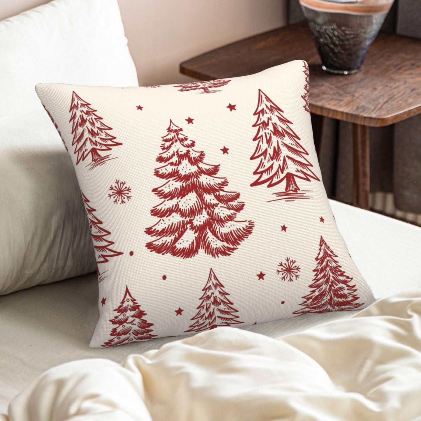 ALNMVVON Christmas Tree Pillow Covers Xmas Red and Cream Pine Tree Decorative Throw Pillows Covers 18x18 Inch Set of 2 Winter Xmas Holiday Pillowcase Farmhouse Cushion Cover for Couch Sofa Bedroom