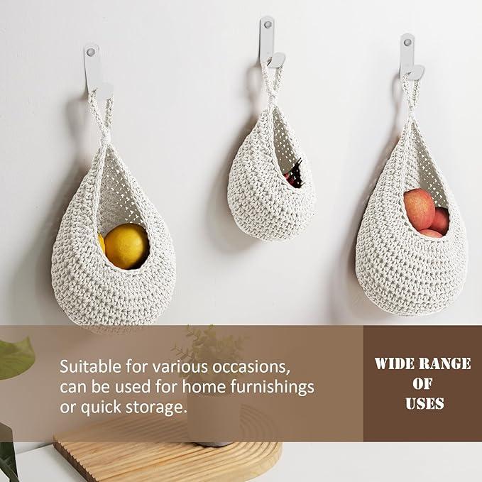 Hanging Fruit Basket Set of 3, Boho Wall Hanging Storage Basket