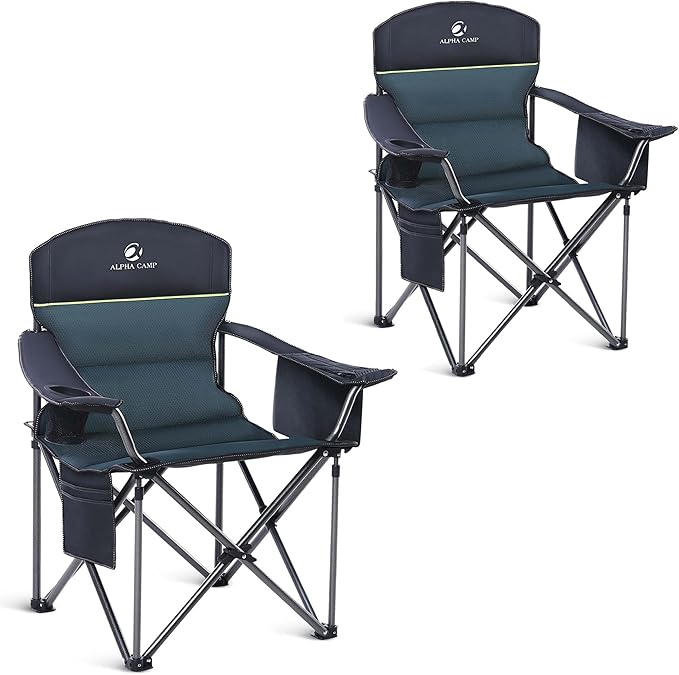ALPHA CAMP Heavy Duty Camping Chair 500LBS Capacity, Oversized Folding Chair for Heavy People, Padded Portable Outdoor Chair with Cooler Bag & Cup Holder for Camping, Fishing, Beach