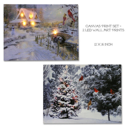 BANBERRY DESIGNS Lighted Holiday LED Wall Art - LED Cottage Along a Stream Christmas Scene with Cardinals and Snowman - Set of 2 - Old Fashioned Cobblestone Bridge - Measures 11.75" x15.75"