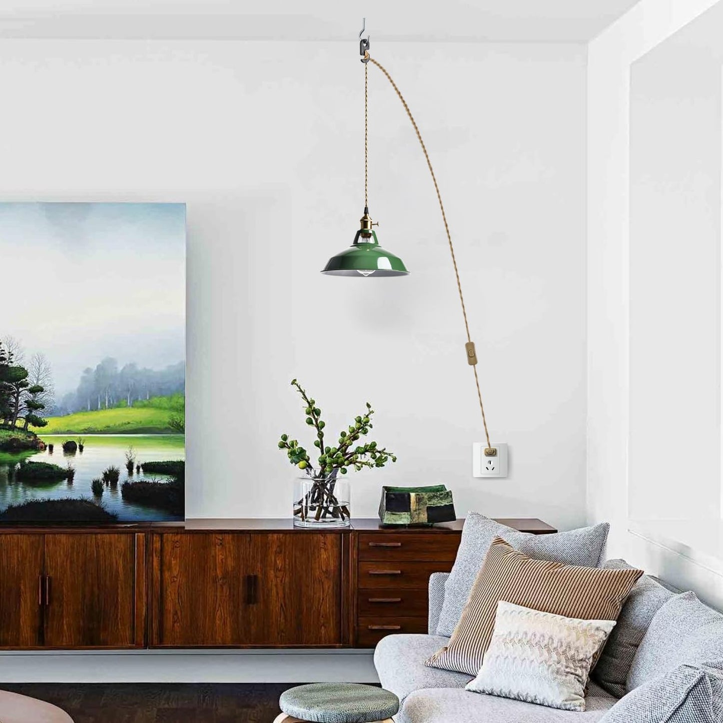 YUBOLE Modern Green Plug-in Pendant Light,Macarons Kitchen Hanging Swag Lighting, Metal Barn Shade with On-Off Switch Plug Cord Light for Bedroom Foyer Dining Bar