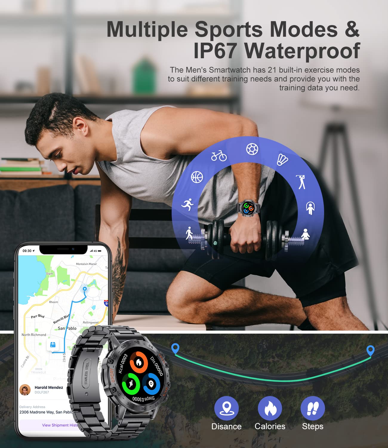 Military Smart Watch for Men, Smart Watches with Bluetooth Voice Call Compatible Android iOS Phone, Smartwatch with Heart Rate SpO2 Pressure Sleep Monitor, IP67 Waterproof Tactical Fitness Watch