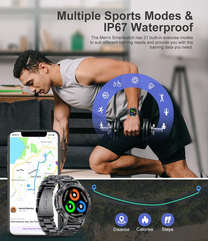 Military Smart Watch for Men, Smart Watches with Bluetooth Voice Call Compatible Android iOS Phone, Smartwatch with Heart Rate SpO2 Pressure Sleep Monitor, IP67 Waterproof Tactical Fitness Watch