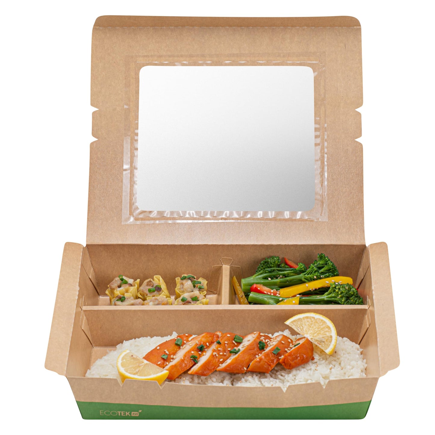 Restaurantware Paper Bento Box 100 Count 78 Ounces Paper Lunch Container Kraft Food Box, Greaseproof Disposable Three Compartment Meal Prep Box with Transparent PLA window
