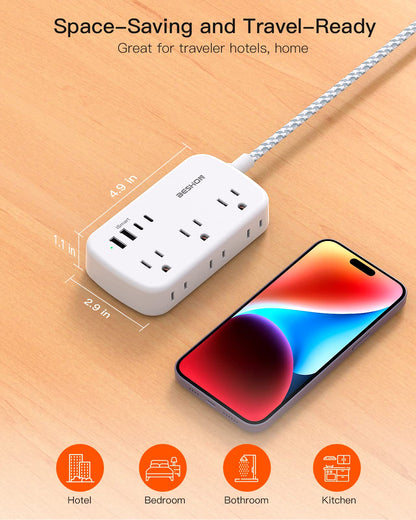 Flat Extension Cord, BESHON 5FT Flat Plug Power Strip with USB C, 6 Outlets 4 USB Port(2 USB C), No Surge Protector, Cruise Ship, Dorm Room Travel Essentials