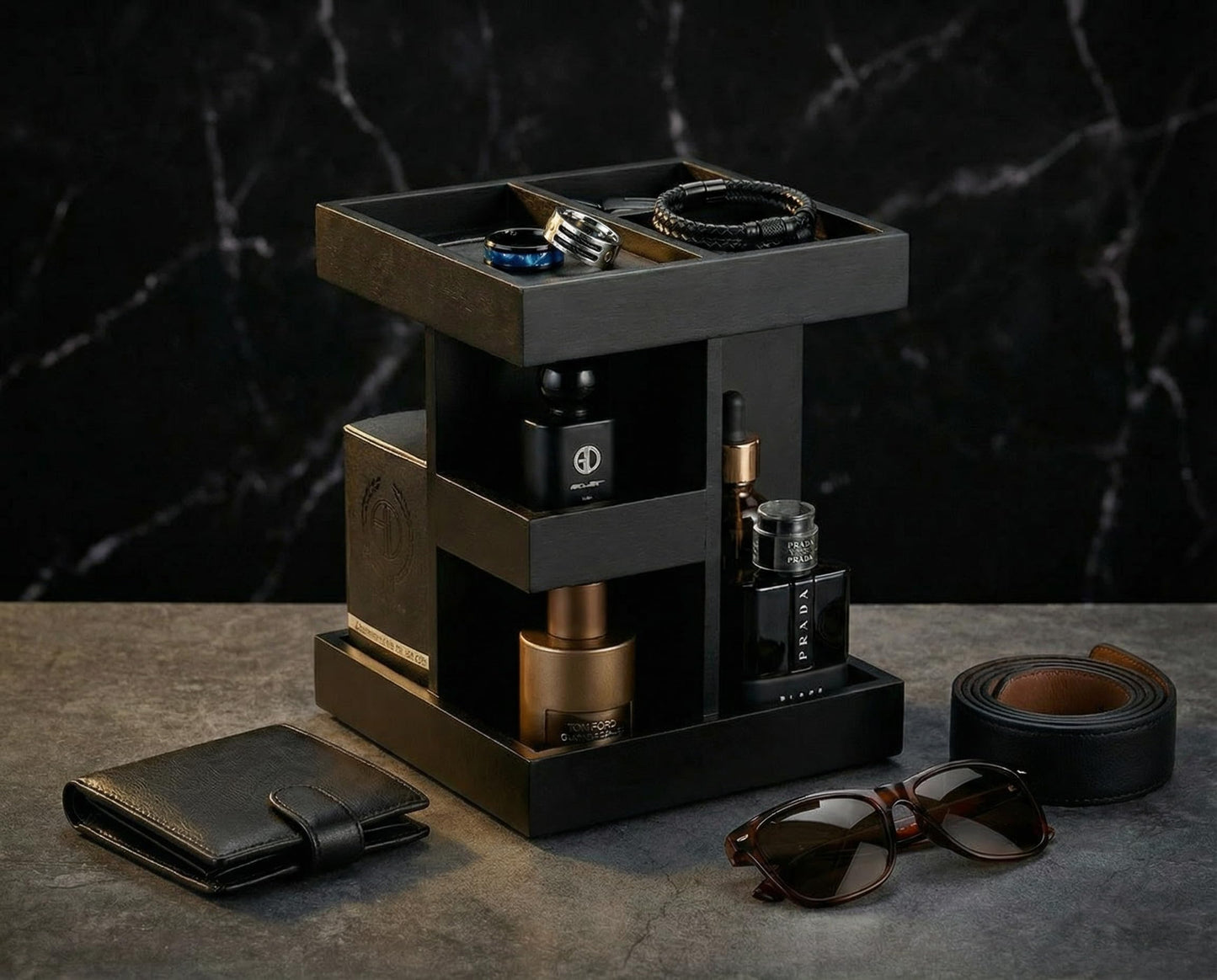 Aurenzo Cologne Organizer for Men, 3 Tier Black Wood Perfume Display Stand with 360° Rotate Base, Mens Cologne and Jewelry Organizer Shelf for Bathroom Countertop Storage & Nightstand, Gift for Men