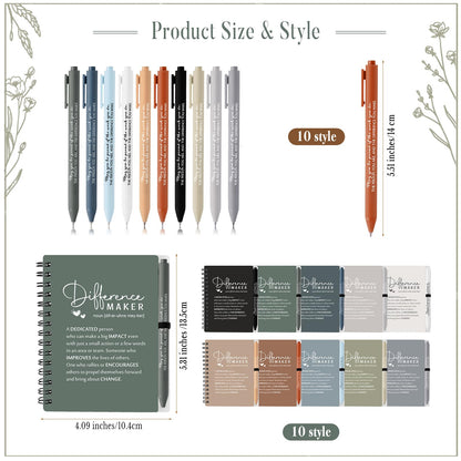 Resurhang 20 Sets Difference Maker Employee Appreciation Gifts Bulk Inspirational A6 Spiral Notebooks Journal with Ballpoint Pens for Social Worker Volunteer Coworker Staff Team Gifts (Neutral Colors)