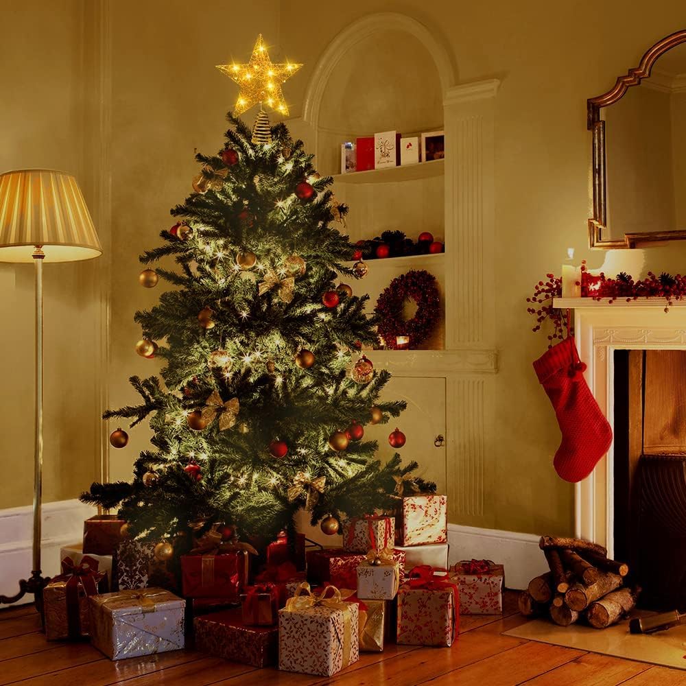 8 inch Christmas Tree Toppers Gold Glitter Star Metal Lighted with 20 LED Lights for Xmas Decorations, Holiday Party Indoor Bar Office Decor