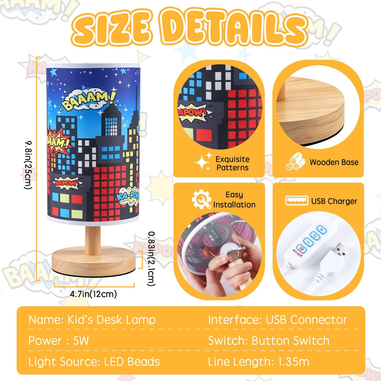 LuckyDAFei City Table Lamp for Kids Bedroom, 3-Way Dimmable Bedside Lamp with Wooden Base and Fabric Shade, Comic Book Night Light for Boys Room Decor, Cartoon Skyline Lamp for Nursery Playroom
