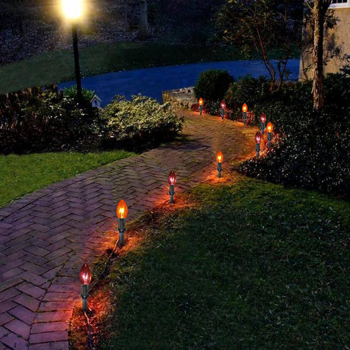 GOOTHY C9 Halloween Pathway Lights Outdoor, 19.5Ft Halloween Decorations Pathway String Lights with 10 C9 Orange and Black Stakes Lights for Walkway Yard Lawn Garden Sidewalk