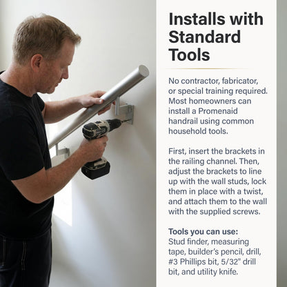 Promenaid - 3ft Flush Handrail Kit Sliver Finish Complete Indoor/Outdoor Handrail for Stairs with ADA Wall Return Kit Flush Endcap Replacement
