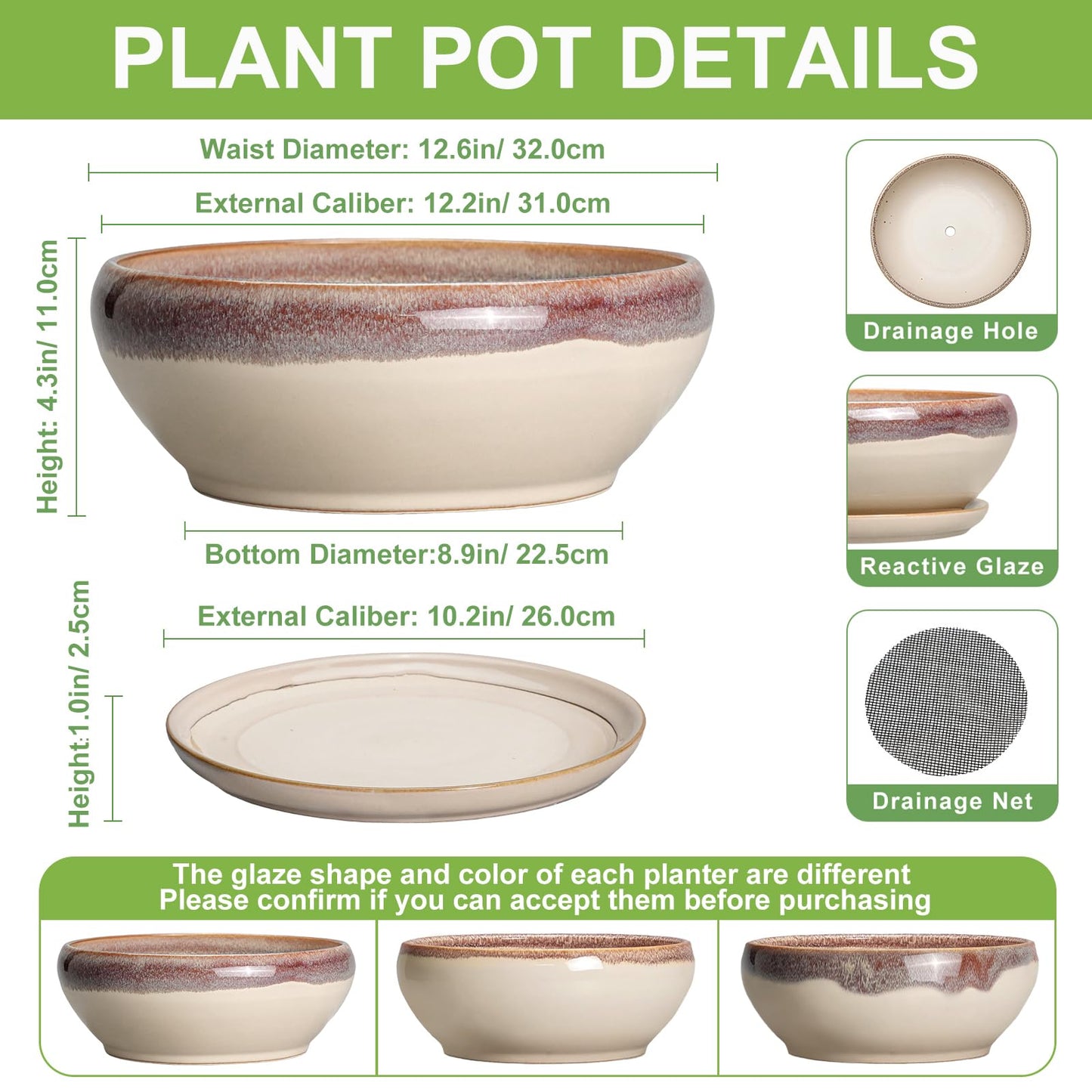 SQOWL Bonsai Pots 12 Inch - Large Ceramic Succulent Planters, Shallow Planter with Drainage Hole and Saucer, Round Bowl Planter for Indoor Outdoor Plants, Home Decor, Plant Lover Gifts, Beige