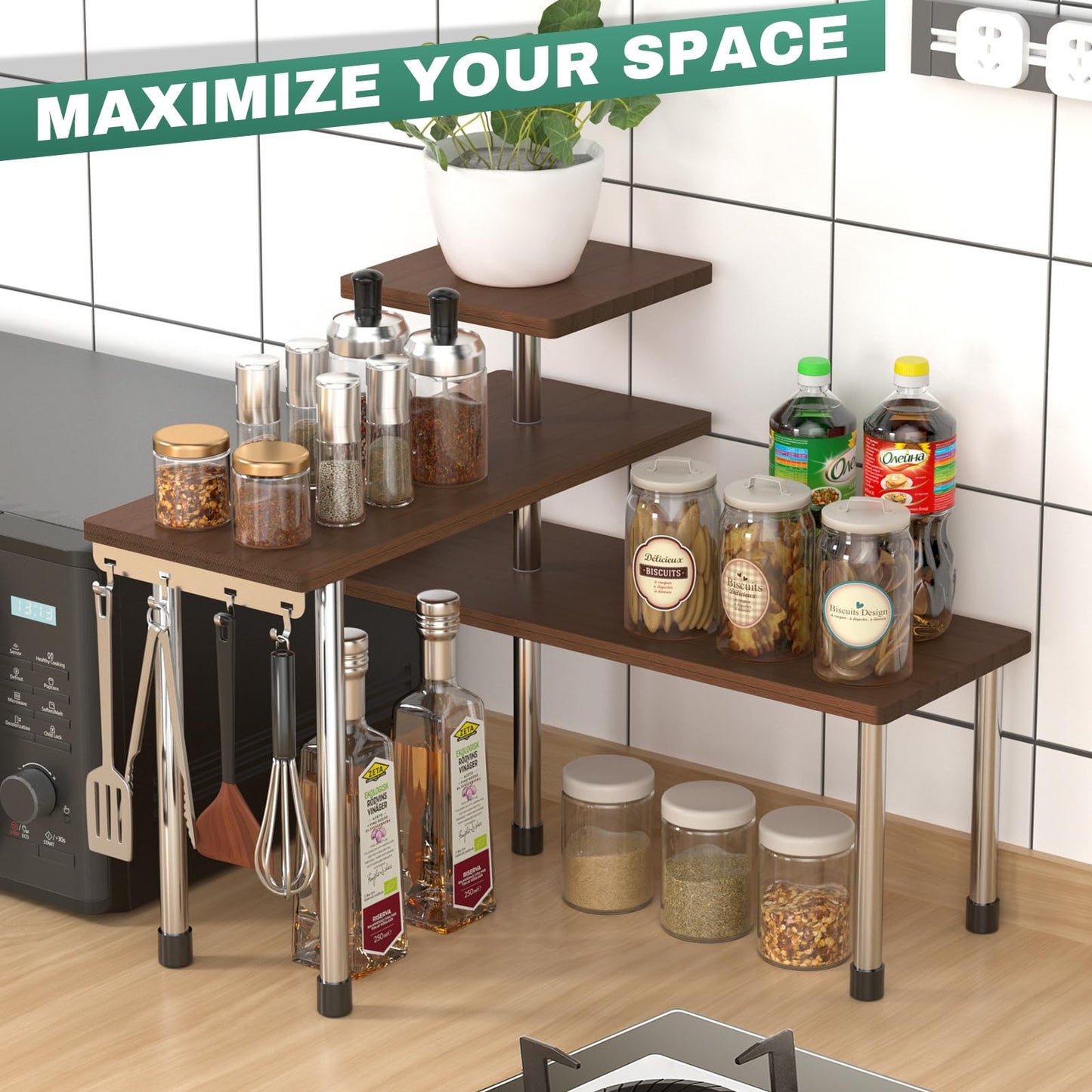 ZHWS Kitchen Countertop Organizer Spice Rack for Salt, Bathroom Counter Organizer Over Sink for Makeup, Skincare, Adjustable 3-Tier Corner Counter Shelf with 4 Hooks for Coffee Bar Dresser Table