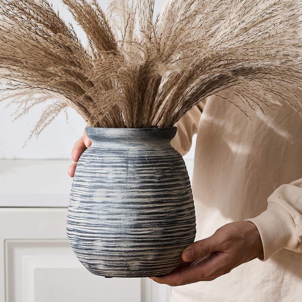 SIDUCAL Ceramic Rustic Farmhouse Flower Vase, Pottery Decorative Flower Vase for Home Decor, Table, Living Room Decoration, Shelf Decor, Mantel, 7.3 Inch, Black