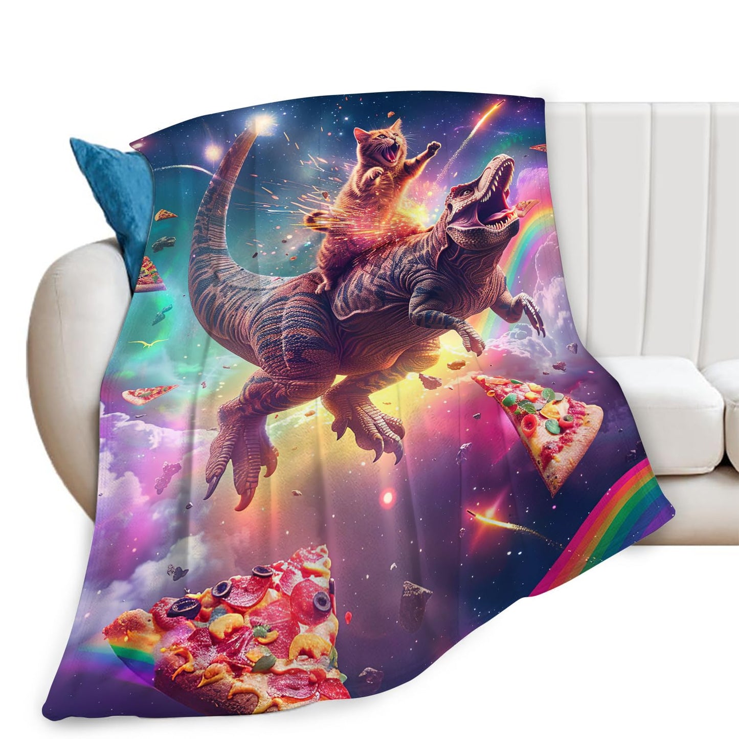 Cat and Dinosaur Blanket Rainbow Pizza Dino Cat Throw Blanket Gifts for Adults Men Women Boys Girls Kids Super Soft Cozy Plush Fluffy Fuzzy Fleece Blanket Decor 60''X80''