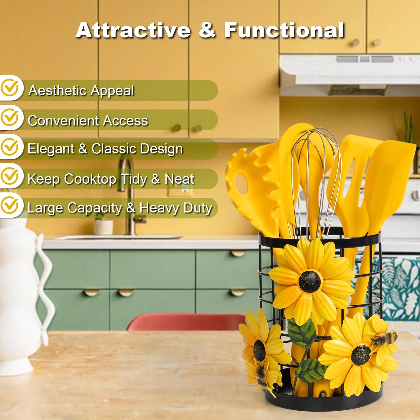 Sunflower Utensil Caddy with Silicone Cooking Utensils Set 6PCS, Canister Holder Sunflower Kitchen Decor and Accessories Theme Set Counter Yellow Kitchen Decor Country Crock Organizer Gifts for Women