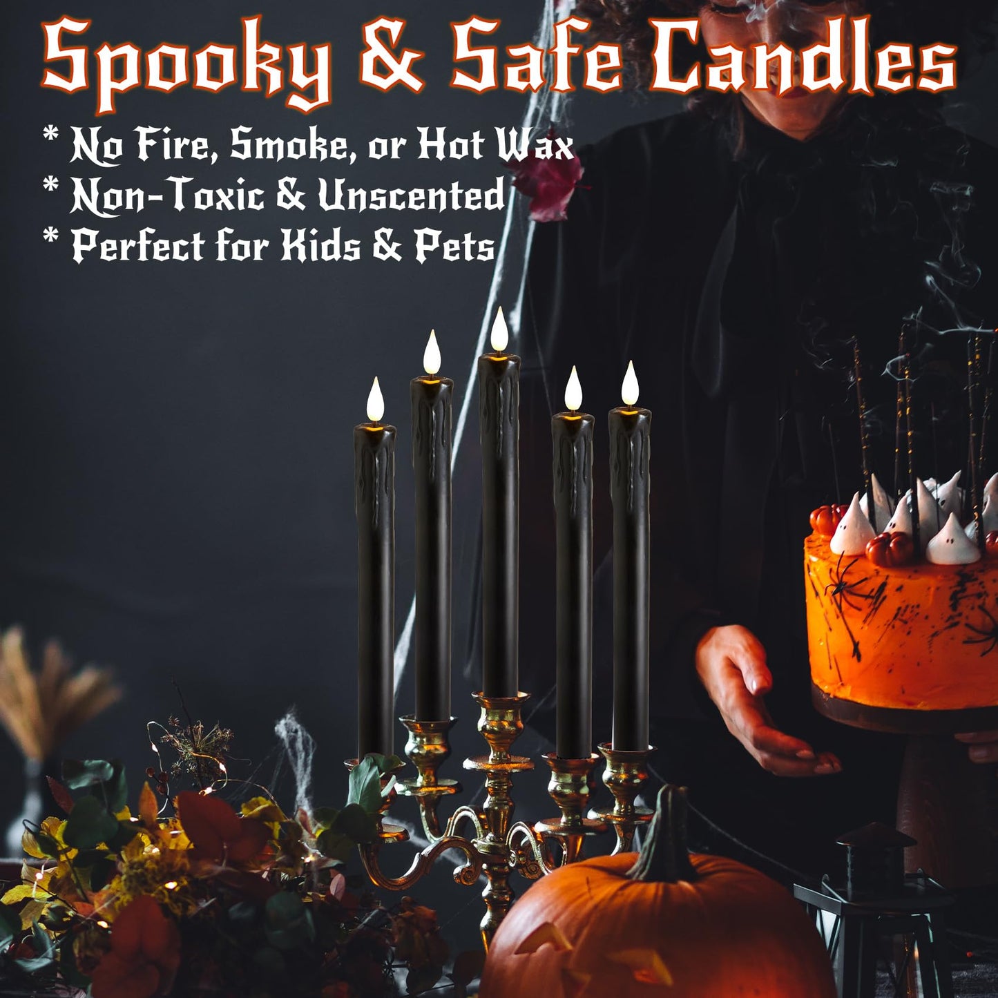 Velsyn Black Flameless Taper Candles with Remote and Timer - 9.65 Inch Real Wax LED Candlesticks - Wax Drip Battery Operated Halloween Taper Candles with 3D Flickering Flame Halloween Decor, 6 Pack