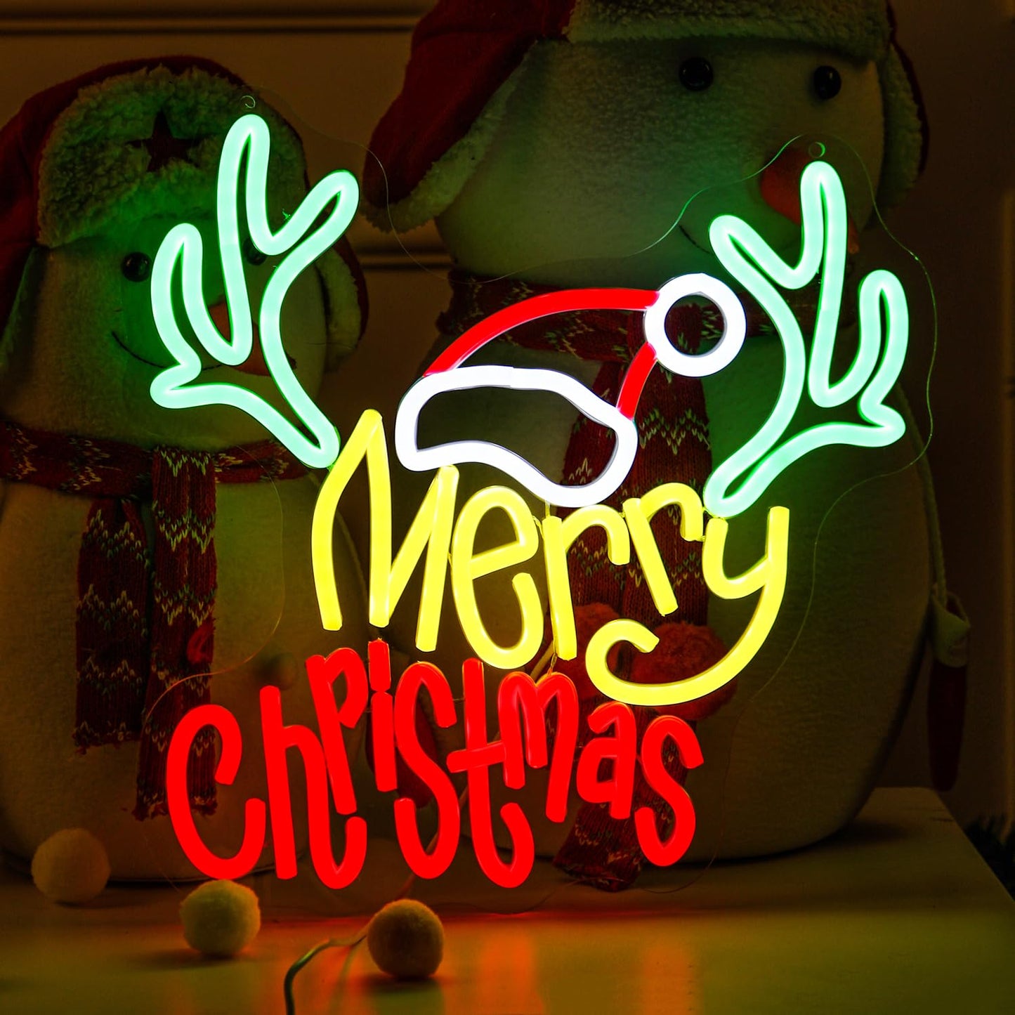 Merry Christmas Neon Sign with Deer Antlers and Santa Hat, Cute Happy New Year Decor for Home, Holiday Party Decorations, Xmas Lights for Wall Window Bar