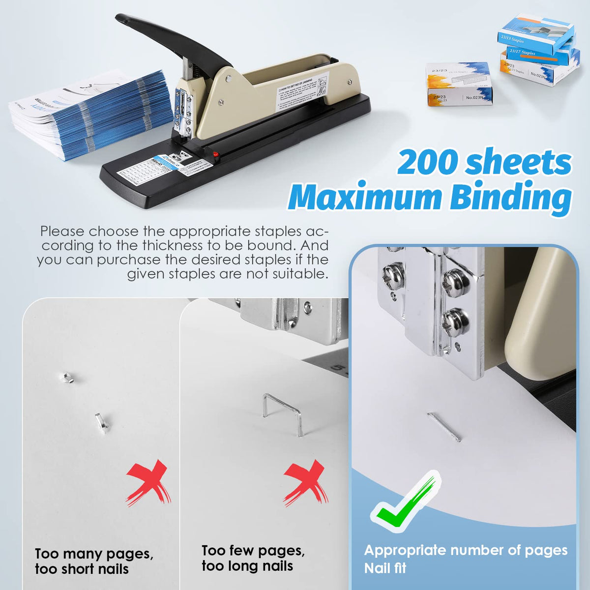 Frifreego Long Reach Stapler, Heavy Duty Long Arm Stapler, 200 Sheets Capacity, 4000 Staples Gift, 9.84” Adjustable Stapling Depth Suitable for Booklets & Office Document, Fixable Paper Guide