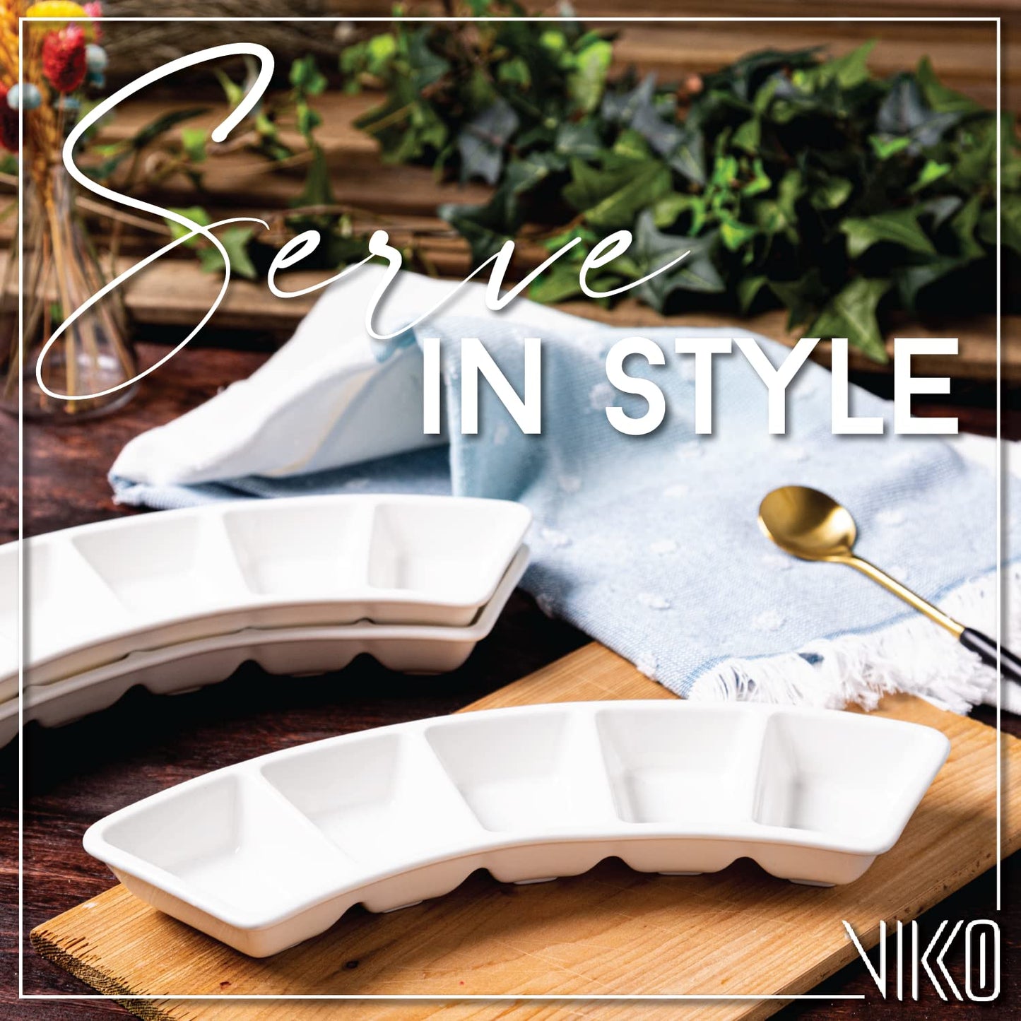 Vikko Serving Tray, 5 Section Porcelain Circular Serving Platter, Pack of 2, 10 Inch Small White Serving Dish for Entertaining, Condiments, Candies, Charcuterie, Snack