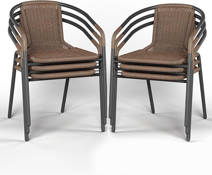 Amopatio Outdoor Dining Chairs Set of 6, Rattan Wicker Patio Chairs, Stackable Indoor-Outdoor Chairs, Bistro, Deck, Yard, Porch, 6 Pack, Brown