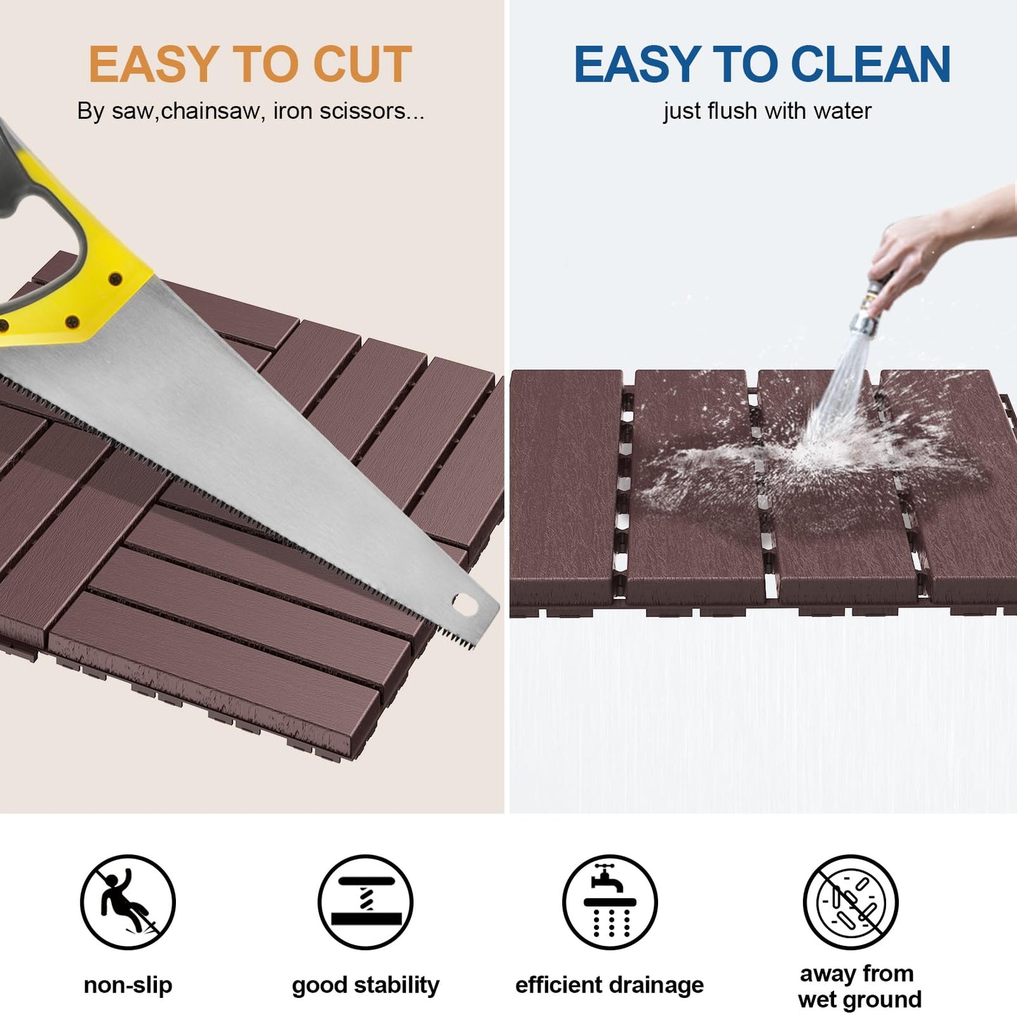 Goovilla Plastic Interlocking Deck Tiles, 36 Pack Balcony Flooring, 12"x12" Waterproof Outdoor Flooring All Weather Use, Patio Floor Decking Tiles for Porch Poolside Backyard Concrete, Dark Brown